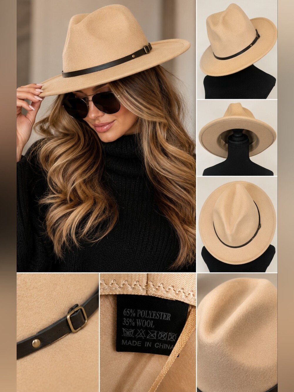 Beige Wool Blend Fedora Wide Brim Black Band Quiet Luxury Boho Chic Hat